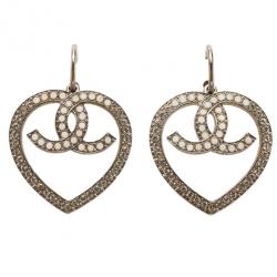 Pre Owned Chanel Heart Crystal Silver-Tone Earrings