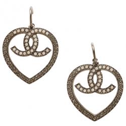Pre Owned Chanel Heart Crystal Silver-Tone Earrings