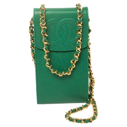 Pre Owned Chanel Green Caviar Leather CC Crossbody Phone Case