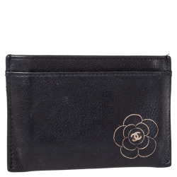 Chanel Black Leather CC Camellia Embossed Card Holder