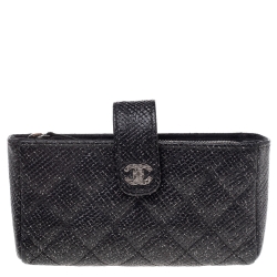 Pre Owned Chanel Black Shimmering Quilted Leather CC Phone Pouch