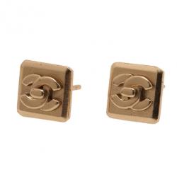Pre Owned Chanel Square Turnlock CC Logo Pierced Earrings