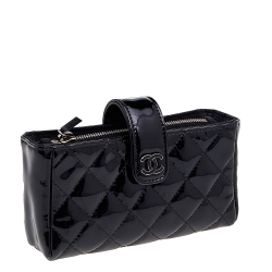 Pre Owned Chanel Black Quilted Patent Leather CC Phone Holder Pouch