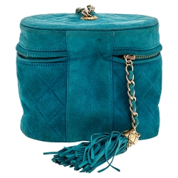 Pre Owned Chanel Green Quilted Suede Mini Vanity Tassel Chain Bag