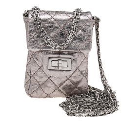 Pre Owned Chanel Metallic Silver Quilted Crinkled Leather Reissue Phone Holder 