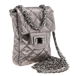 Pre Owned Chanel Metallic Silver Quilted Crinkled Leather Reissue Phone Holder 