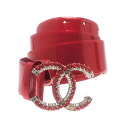 Pre Owned Chanel Red Patent Leather CC Logo Belt 85CM