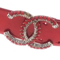 Pre Owned Chanel Red Patent Leather CC Logo Belt 85CM