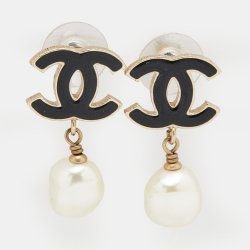 Pre Owned Chanel Black Enamel CC Faux Pearl Drop Earrings
