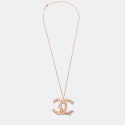 Chanel Rose Gold Tone Crystal CC Pendant Necklace Chanel
