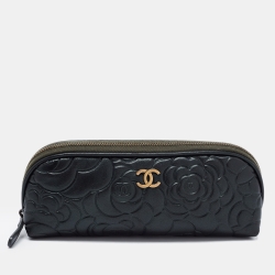 Chanel Dark Green Leather CC Camellia Cosmetic Pouch