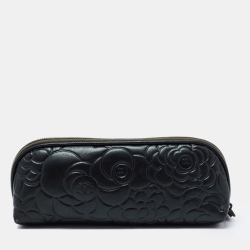 Chanel Dark Green Leather CC Camellia Cosmetic Pouch