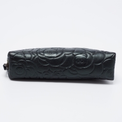 Chanel Dark Green Leather CC Camellia Cosmetic Pouch