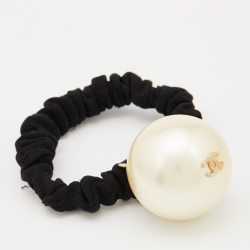 Chanel Black CC Faux Pearl Hair Tie Chanel