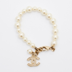 Pre Owned Chanel Gold Tone Faux Pearl Crystal CC Charm Bracelet