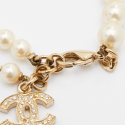 Pre Owned Chanel Gold Tone Faux Pearl Crystal CC Charm Bracelet
