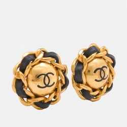 مملوكة مسبقًا Chanel Vintage Gold Tone Leather Woven Round Clip-On Earrings