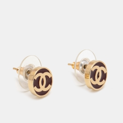 Pre Owned Chanel Gold Tone Burgundy Lacquer CC Stud Earrings
