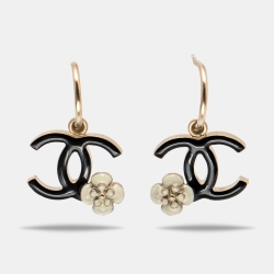Chanel Gold Tone Enamel CC Camellia Drop Earrings Chanel