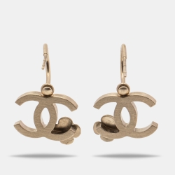 Pre Owned Chanel Gold Tone Enamel CC Camellia Drop Earrings 