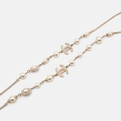 مملوكة مسبقًا Chanel CC Crystals Faux Pearl Gold Tone Long Necklace