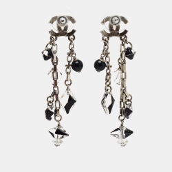 Chanel CC  Enamel Crystals Faux Pearl Silver Tone Metal Drop earrings