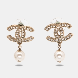 Chanel CC Crystals Faux Pearl Gold Tone Earrings