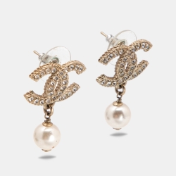 Pre Owned Chanel CC Crystals Faux Pearl Gold Tone Earrings