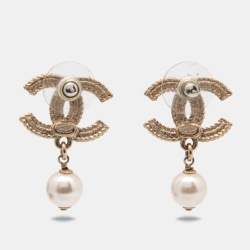 Pre Owned Chanel CC Crystals Faux Pearl Gold Tone Earrings
