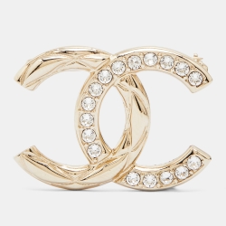 Pre Owned Chanel Pale Gold Crystal Gold Tone CC Brooch