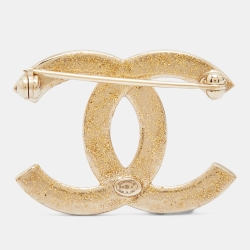 Pre Owned Chanel Pale Gold Crystal Gold Tone CC Brooch