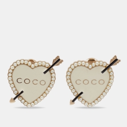 Chanel Coco Faux Pearl Enamel Gold Tone Clip On Earrings Chanel
