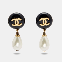 Chanel CC Resin Faux Pearl Gold Tone Drop Earrings Chanel