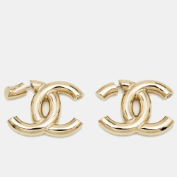 Chanel Chanel Gold Tone x Green Earrings CC Logo