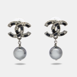 Pre Owned Chanel Gunmetal Tone Crystal CC Grey Bead Drop Earrings