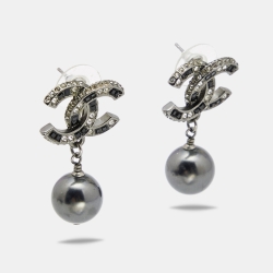 Pre Owned Chanel Gunmetal Tone Crystal CC Grey Bead Drop Earrings