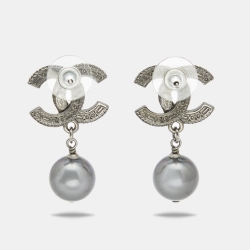 Pre Owned Chanel Gunmetal Tone Crystal CC Grey Bead Drop Earrings