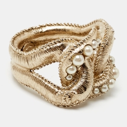 Pre Owned Chanel Pale Gold Tone Faux CC Chain Link Cocktail Ring Size 52.5
