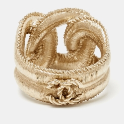 Pre Owned Chanel Pale Gold Tone Faux CC Chain Link Cocktail Ring Size 52.5