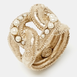 Pre Owned Chanel Pale Gold Tone Faux CC Chain Link Cocktail Ring Size 52.5
