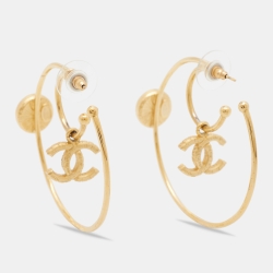 Chanel Gold Tone Faux Pearl CC Charm Hoop Earrings
