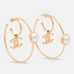 Chanel Gold Tone Faux Pearl CC Charm Hoop Earrings