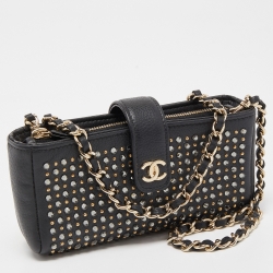 Chanel Black Leather Crystals Embellished O-Phone Holder Chain Pouch
