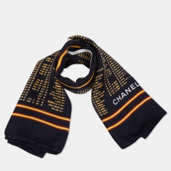 Chanel Black Departures Board Printed Silk Square Scarf