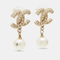 Chanel CC Faux Pearl Crystal Gold Tone Drop Earrings
