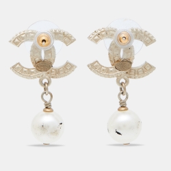 Chanel CC Faux Pearl Crystal Gold Tone Drop Earrings