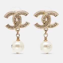 Chanel CC Faux Pearl Crystal Gold Tone Drop Earrings