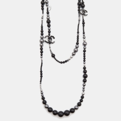 Pre Owned Chanel CC Beads Faux Pearl Silver Tone Long Necklace