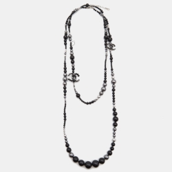 Pre Owned Chanel CC Beads Faux Pearl Silver Tone Long Necklace