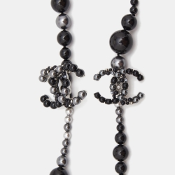 Pre Owned Chanel CC Beads Faux Pearl Silver Tone Long Necklace